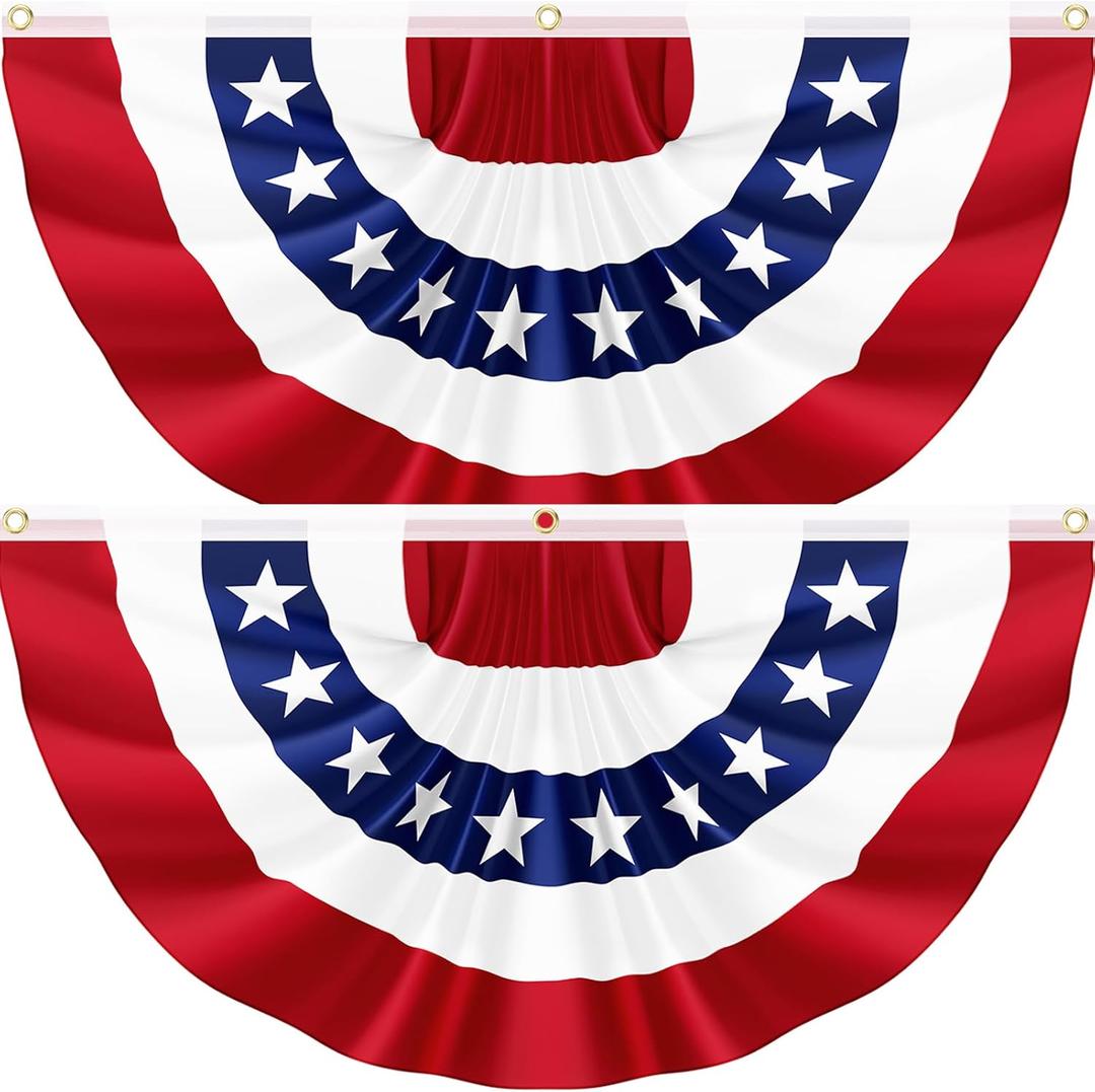2Pack 3x6 FT American Pleated Fan Flag, USA Patriotic Half Fan Bunting Flag, 4th of July Flags Decorations for Outside, Red White and Blue Patriotic Decorations Outdoor