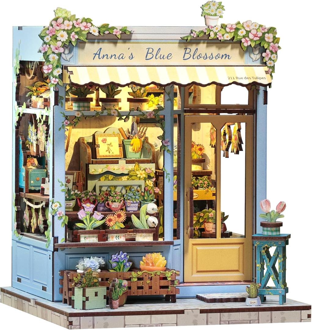 CUTEBEE Book Nook Kit - DIY Miniature House Dollhouse Kit for Adults, Booknook Tiny House Bookshelf Decor 3D Wooden Puzzle, Gifts for Family and Friends (Anna's Blue Blossom)