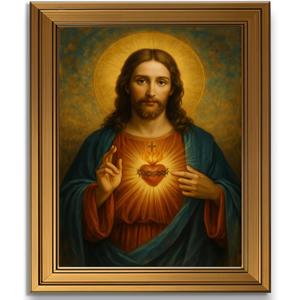 Golden Framed Sacred Heart of Jesus Wall Art Christian Canvas Painting Religious Catholic Picture Jesus Christ Posters Prints Prayer Room Spiritual Home Decor for Bedroom Living Room 16x24 Inch