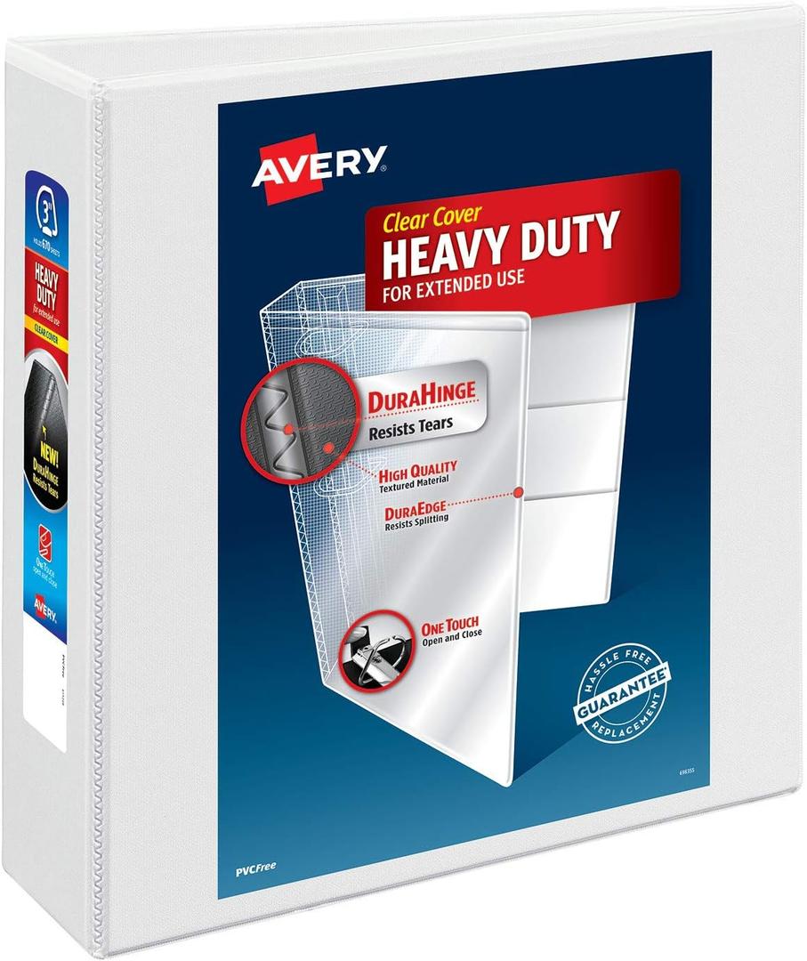 Avery Heavy-Duty View 3 Ring Binder, 3" One Touch Slant Rings, Holds 8.5" x 11" Paper, 1 White Binder (05604)