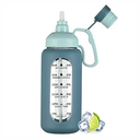 MUKOKO 64oz Glass Water Bottles with Straw, Half Gallon Water Jug with Time Marker, Sports Large Motivational Bottle with Silicone Sleeve, Blue