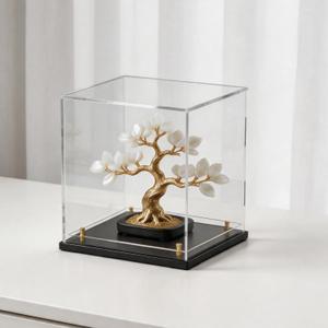 Acrylic Display Case with Raised Shelf, Clear Display Box with Black Base & Gold Standoffs, Dustproof Showcase for Collectibles, Figures, Model Cars Easy Assembly (12x12x12 Inch)