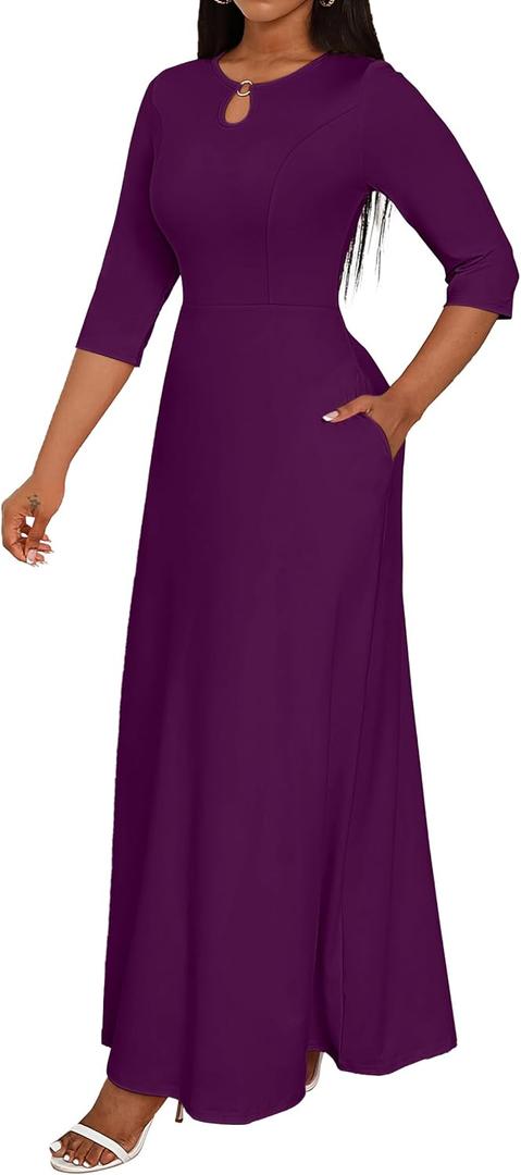 FANDEE Women's Maxi Dress Casual Boho Plain Long Dresses 3/4 Sleeve with Pockets (Large, Purple)
