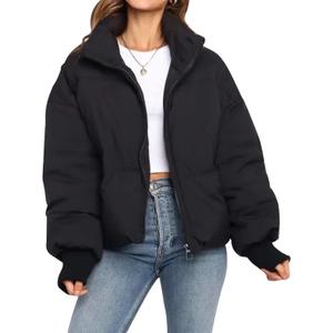 Gihuo Women's Winter Cropped Puffer Jacket Coat Short Warm Quilted Jacket 2026 (Medium, Black)