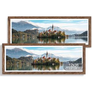 Hongkee 12x36 Picture Frame 2 Packs, Real Glass and Rustic Brown Wood Frame, Display Collage Pictures Twelve 4x6 With Mat or Pennant 12 x 36 Without Mat - Horizontal or Vertical Wall Mounting