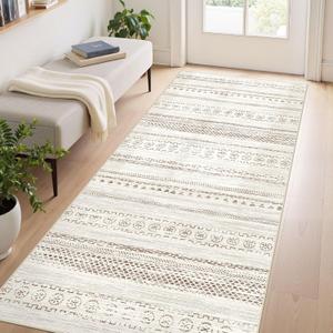 kakania 3x8 Washable Runner Rug: Non Slip Soft Thin Carpet, Boho Geometric Modern Decor, Easy Clean Indoor Floor Rugs for Hallway Kitchen Bedroom Kids Dorm - Brown
