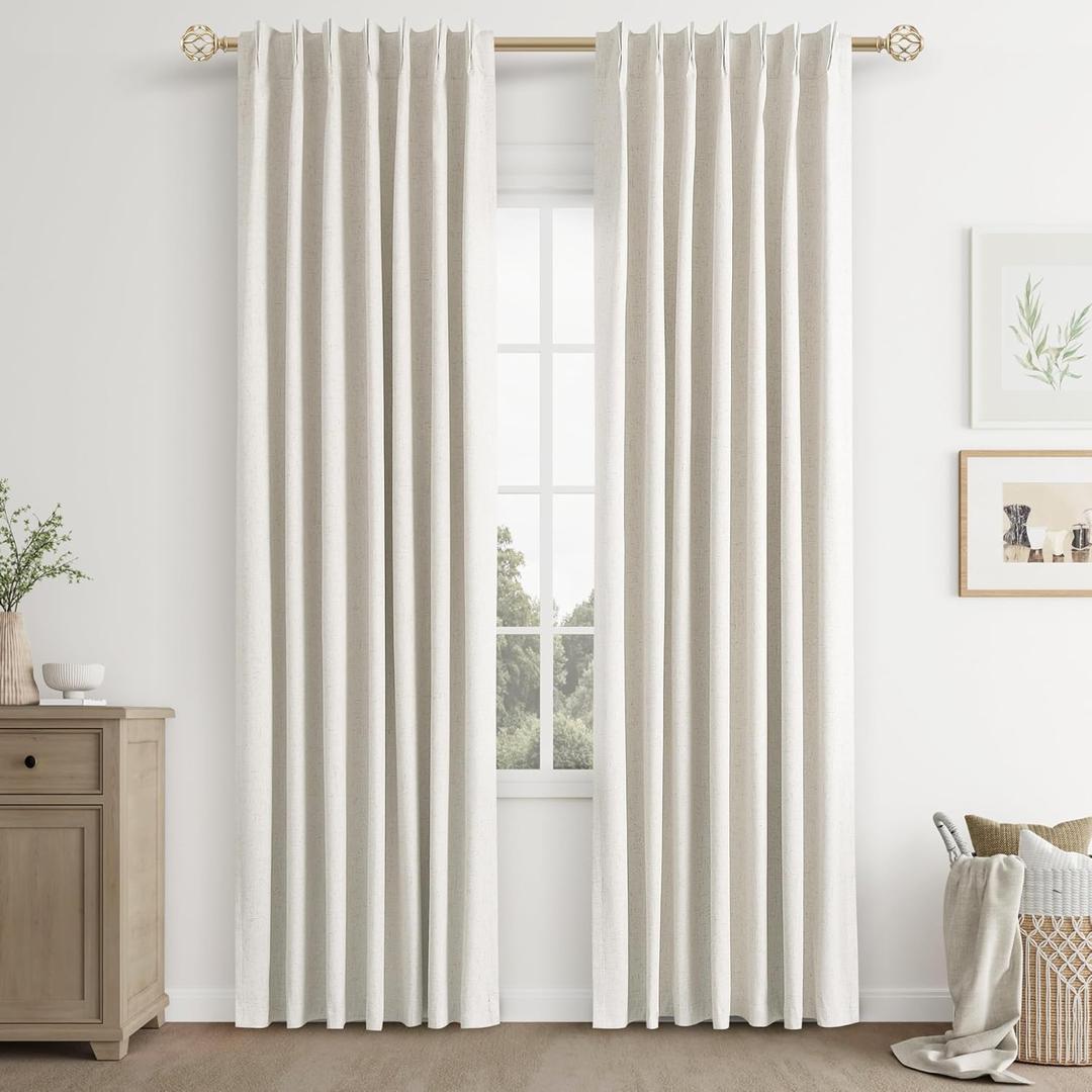 Natural Beige Blackout Pinch Pleated Linen Curtains 84 Inch Length 2 Panels 100% Blackout Pleated Curtains Boho Neutral Cream Back Tab Drapes with Hooks for Lixing Room,W40 x L84
