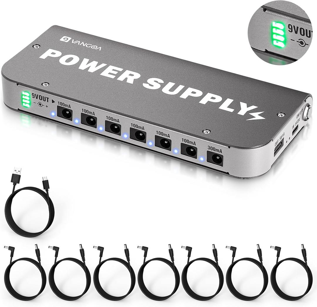 Vangoa Built-in 4600mAh Rechargeable Guitar Pedal Power Supply with Battery Indicator 7 Outputs DC 9V, 300mA, 100mA, 5V/1A USB Port, Pedal Board Power Supply with Short-Circuit Protection, PS-01 (Silver)