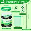 66 Pcs Mental Health Awareness Gifts Bulk Green Ribbon Awareness Bracelet Wristbands Bead Necklaces Stickers Organza Bags Set for Mental Health Month Favors Charity Event Party Supplies