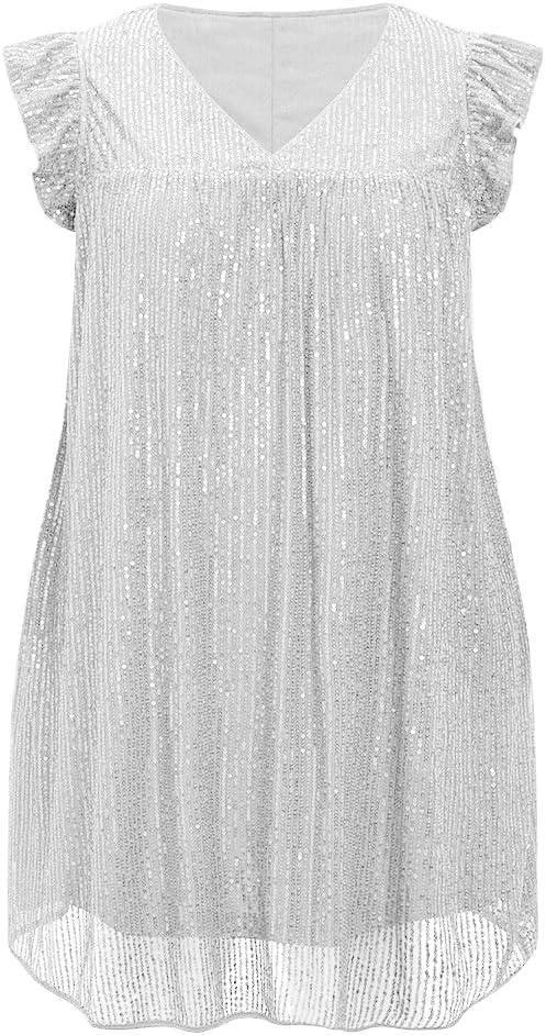 Beautife Women's Sequin Plus Size Mini Dress Ruffle Short Sleeve V Neck Babydoll A Line Glitter Club Party Dresses (White)