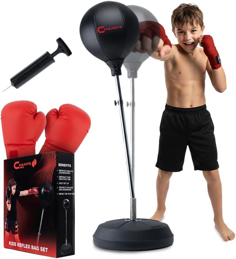 Champs MMA Punching Bag for Kids with Stand | Freestanding Reflex Bag Dummy | Adjustable Height Punch Bag Stand with Gloves  Exercise Equipment for Agility, Hand-Eye Coordination Workout Kit