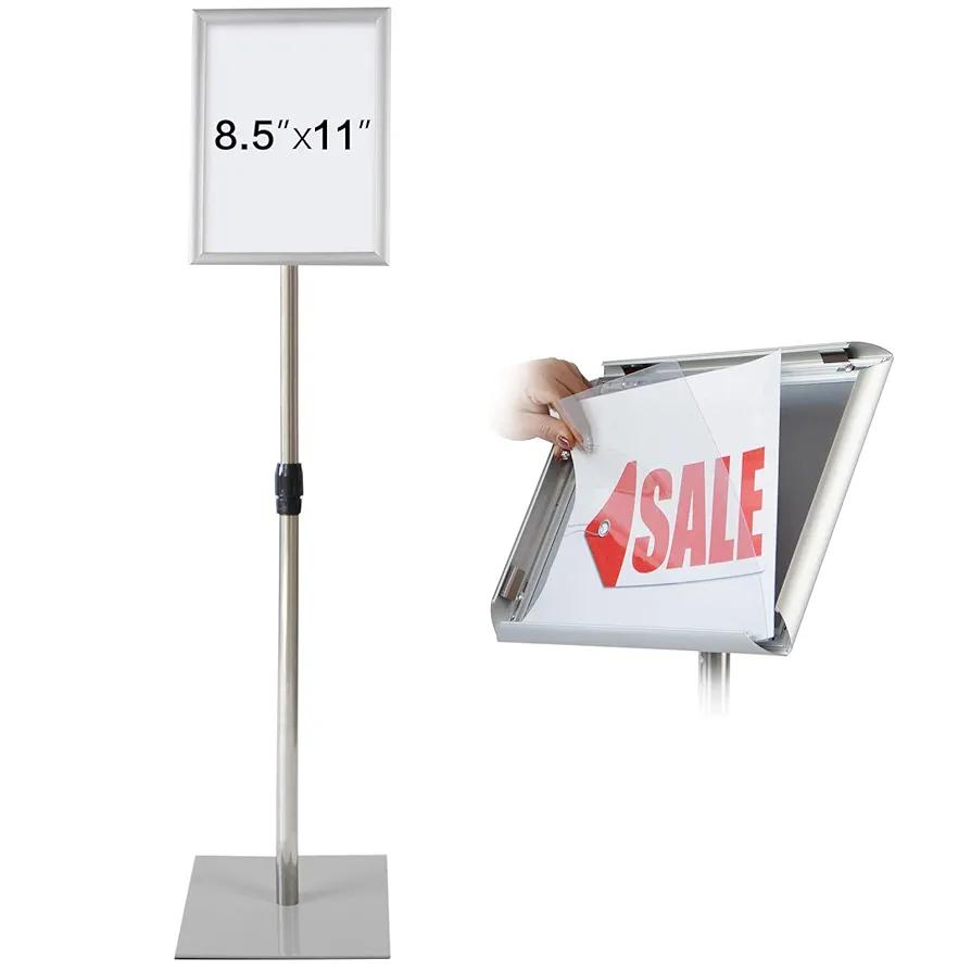 NicQliear Adjustable Sign Stand Holder, 8.5 x 11 Inch Poster Stand with Extra Heavy Duty Square Metal Base, Vertical or Horizontal Outdoor Floor Standing Indoor Display Holder for Restaurant, Silver
