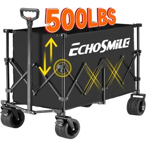 EchoSmile Collapsible Foldable Extended Height Wagon with 500lbs Weight Capacity,Folding Utility Garden Cart with Big All-Terrain Beach Wheels,for Camping, Garden, Sports, Beach, Shopping, Black