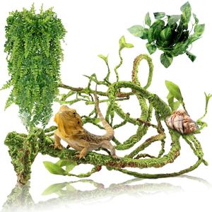 Hamiledyi Reptile Plants Bendable Jungle Climbing Vine Terrarium Branch Flexible Plastic Leaves Hanging Pet Habitat Decoration for Bearded Dragon Lizard Gecko Frog Snake Tank Accessories Decor (3 PCS - Style 1)