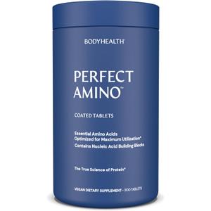BodyHealth PerfectAmino (300 ct) Easy to Swallow Tablets, Essential Amino Acids Supplement with BCAAs, Vegan Protein for Pre/Post Workout & Muscle Recovery with Lysine, Tryptophan, Leucine, Methionine (60 Servings (Pack of 1))