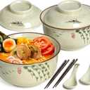 Ceramic Ramen Bowl Set of 2, Ramen Noodle Bowl with Lid 27oz Japanese Retro Style Soup, Pho, Udon Bowls, Matching Spoons and Chopsticks for Microwave & Dishwasher Safe, Twig