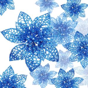 Boao Blue 24 Pieces Poinsettia Flower Christmas Glitter Artificial Poinsettia with Clips Christmas Tree Ornament Decorations for DIY Xmas Wreath Holiday Home Party Decor, 3/4/6 Inches