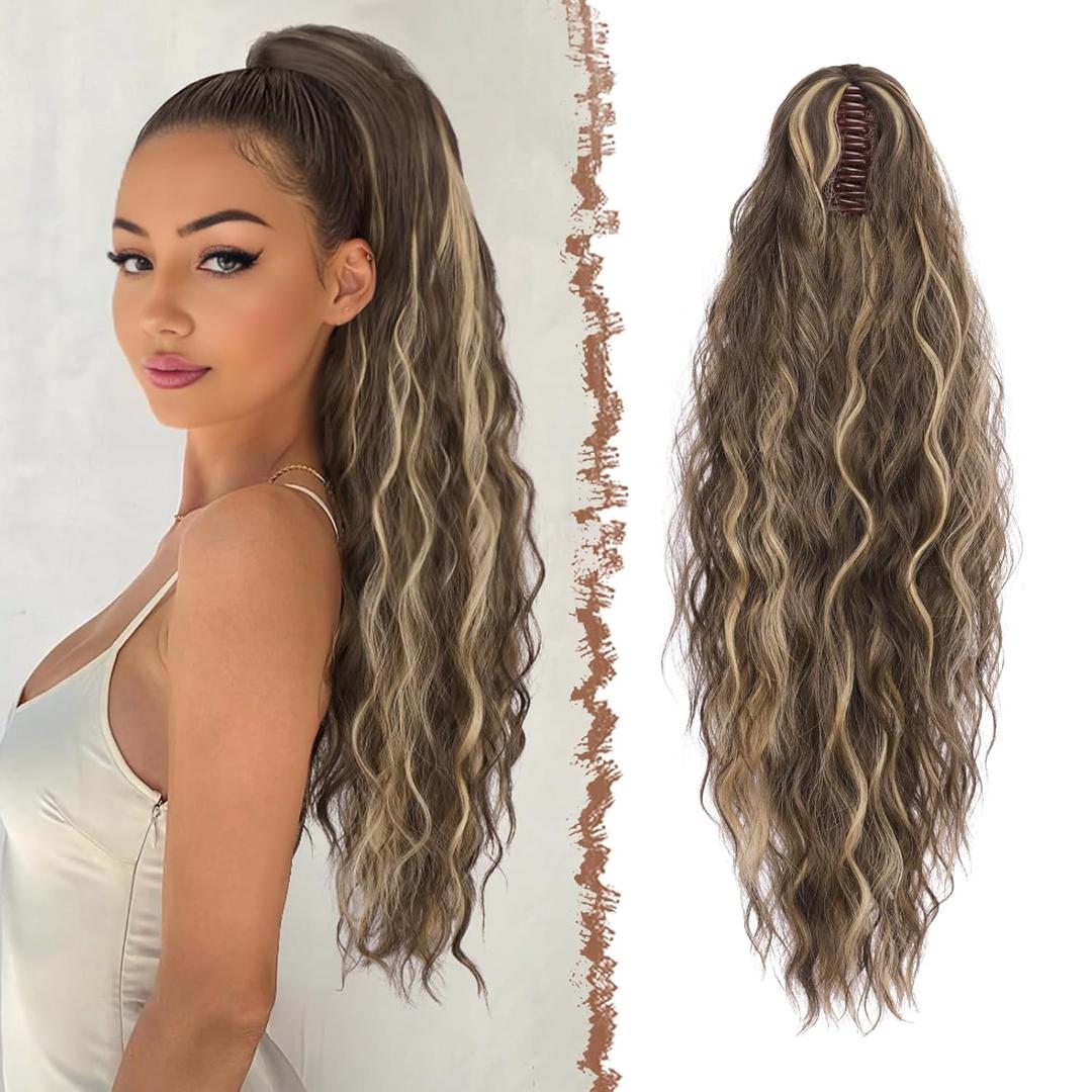 FESHFEN Claw Clip Ponytail Extensions, Long Pony Tail Hair Piece Wavy Curly Synthetic Hairpieces for Women, Chestnut Brown Mixed Ash Blonde 26 inch