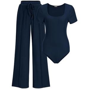 BTFBM Womens Casual 2 Pieces Outfits Dressy Square Neck Short Sleeve Bodysuit Drawstring Pants Knit Lounge Matching Sets, XL