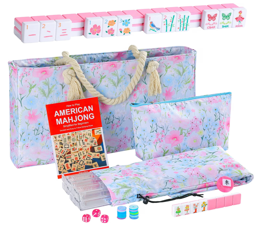 2026 American Mahjong Set Complete with Blue Carrying Bag, 160 Pink Mahjong Tiles, 4 All-in-One Transparent Mahjong Racks with Pushers, Majiang Tile Set