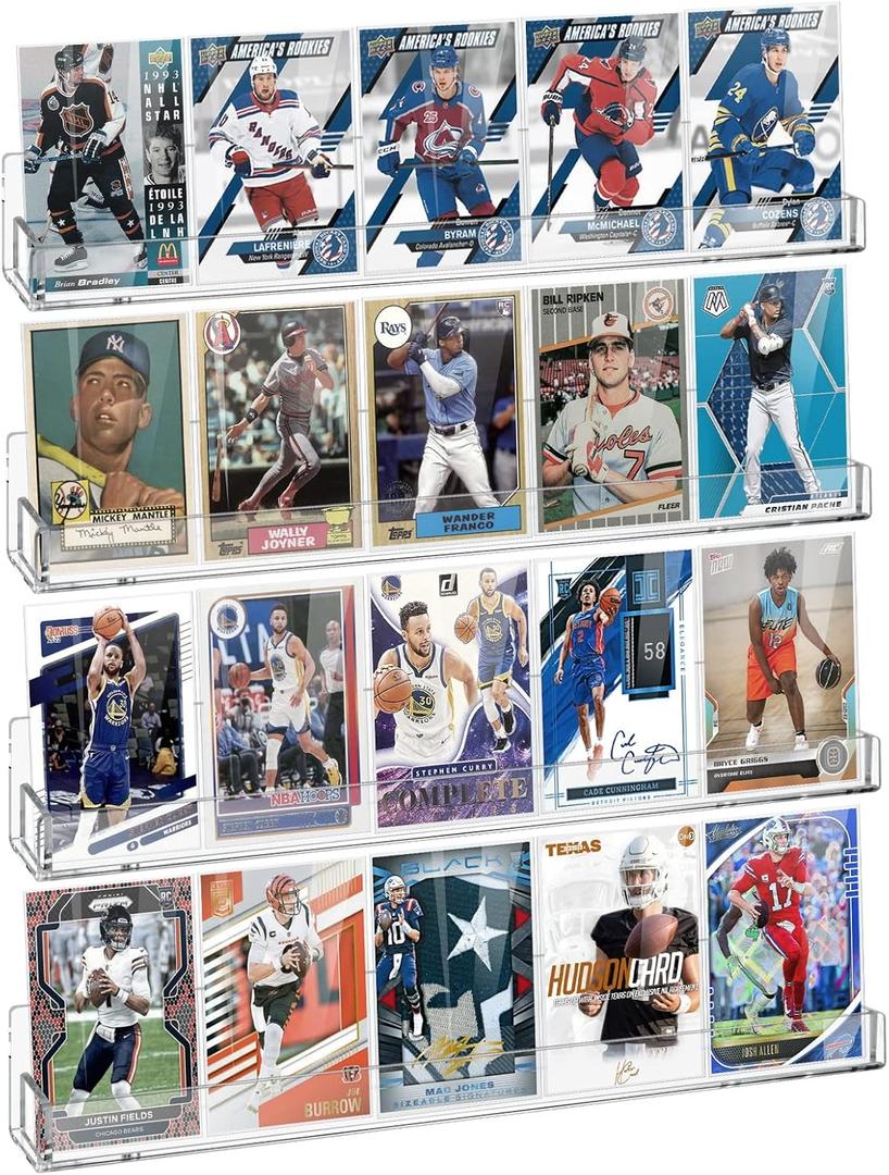 tutata Sports Card Display Shelf for Wall, Hold 16 Graded or 20 Sleeved Trading Cards- 4 PCS Acrylic Shelves for PSA SGC BGS Graded Trading Slabs (15" long x 1.57" wide x 1.97" high)