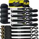 KJE Black Ratchet Straps, (4) 1" x 15' Tie Down Strap Sets + (4) Soft Loops, TPR Handles & Coated S Hook W/Safety Clip, 1800lb Break Strength, Cargo Strap for Motorcycle, ATV