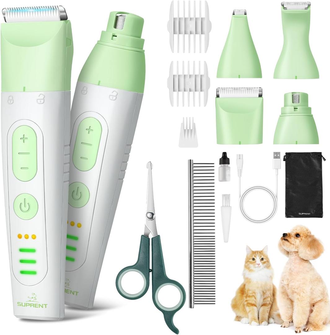 SUPRENT Dog Grooming Kit, 4 in 1 Quiet Pet Clippers for Grooming Supplies, Cordless Cat Paw Trimmer Dog Nail Grinder, Professional Long Hair Shaver Set for Cat Matted Hair and Small Dogs Thick Coats (Green)