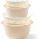 2 in 1 Kitchen Colander Set with Bowl Strainer (2 Sets 3 Qt), BPA Free Plastic Fruits and Vegetable Washing Basket, Dishwasher Friendly Double Layered Drain Basin, for Pasta Salad Berry Cleaning Mixing (Cream)