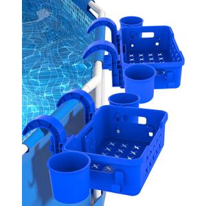 Poolside-Storage-Basket-Pool-Accessories-Above-Ground, Swimming Pool Hanging Storage Bar Table Shelf, Poolside Storage Cup Holders, Organize Drinks & Towels(2 Pack)
