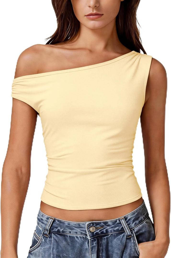Women Off Shoulder Tops Sleeveless Shirts Y2K Going Out Crop Tank Top Yellow (Yellow)