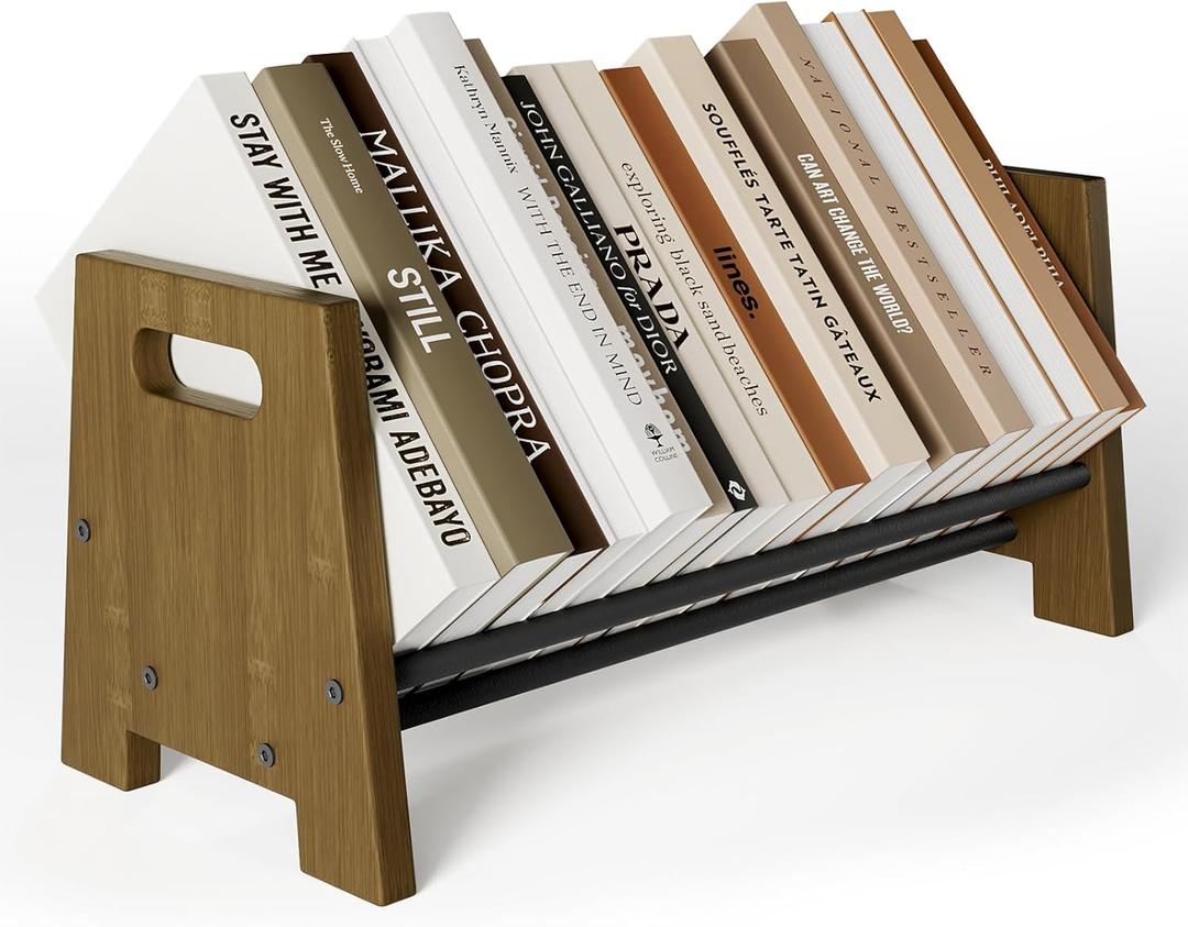 Desktop Bookshelf Organizer, Wood Desk Tilting Book Rack Shelf Organizer, Stable Bookshelves Storage, Portable Bookcase for Books/CDs/Magazine Display (Rustic Brown)