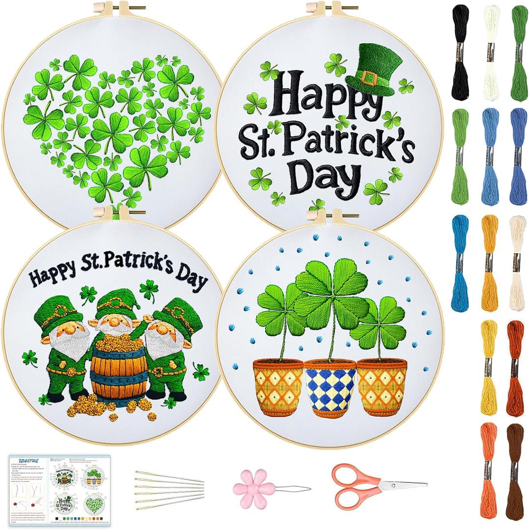 BEUNITONE 4 Set Embroidery Kit for Adults Beginners St. Patrick's Day Themed Embroidery Starter Kit with Instruction Cross Stitch Kit for DIY Crafts Green Plant Embroidery Kit for Gifts 12 in