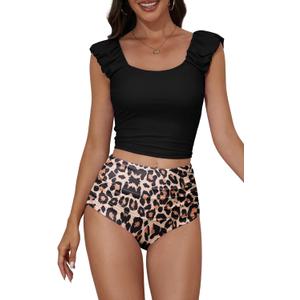 Eomenie Tankini Swimsuits for Women Ruched Tummy Control Bathing Suit Two Piece Swim Tank Top with High Waisted Bottom (Medium, Leopard)