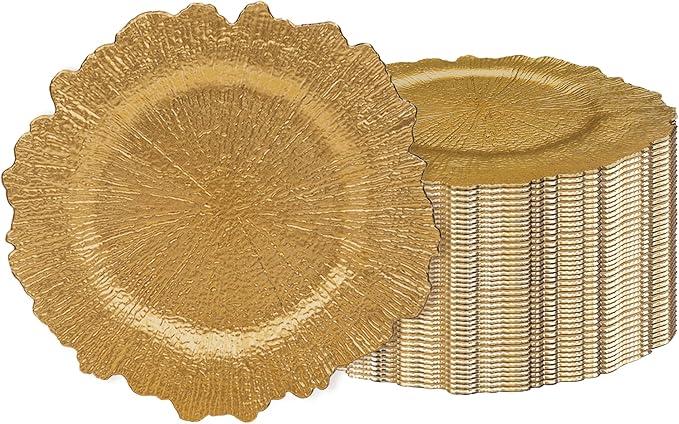JEVERGN 40 Pack Gold Charger Plates Bulk, 13'' Reef Chargers for Dinner Plates, Gold Plate Chargers Set of 40, Round Plastic Charger for Wedding, Party Event, Dinner, Table Setting