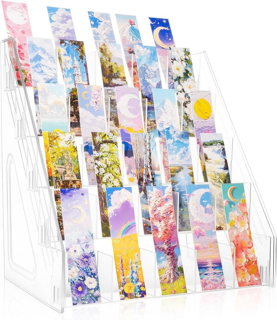 Acrylic Bookmark Display Stand with Divided Pockets, Portable Sticker Holder Tiered Display Stand, Clear Desk Organizer for Home, Retail or Craft Fair Use(25 Pockets, 5 Tier)