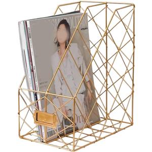 Milnnie Modern Geometric Metal File Organizer for Desk, 8"×10"×12" Iron Mesh Magazine Holder, Desktop Document Rack Storage for Office Supplies, Vertical Book Stand File Folder Rack (Golden)