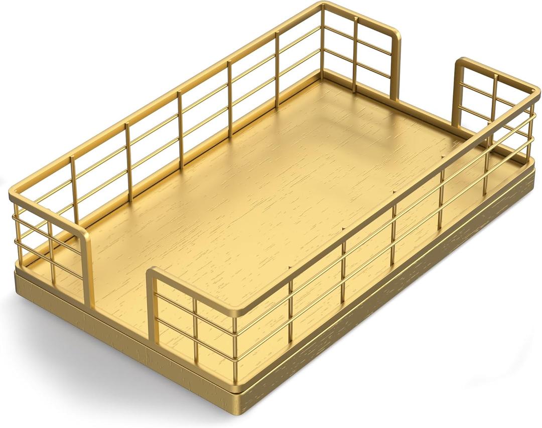 Wican Guest Towel Holder Tray for Bathroom, Oak and Iron Napkins Holder for Powder Room Dinning Table Wooden Basket for Disposable Paper Hand Towels Totally Gold (9.06 x 5.51 x 2.56 inchs)