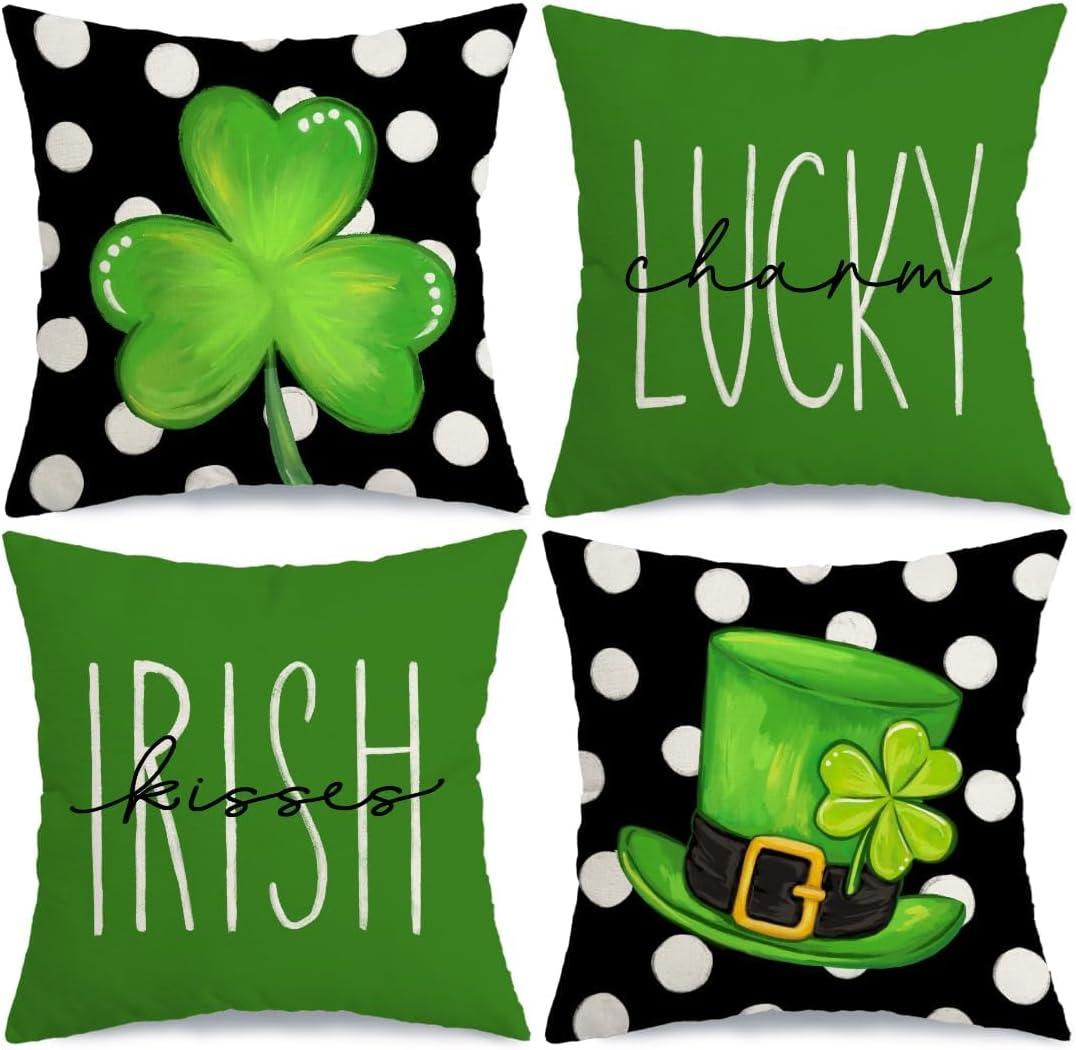AACORS St Patricks Day Pillow Covers 18X18 Set of 4,Shamrock Clover Hat Lucky Charm Decorations Holiday Farmhouse Spring Pillow Case Decor for Home Sofa Couch AA122-18