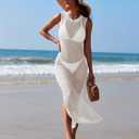 HUUSA Women's Crochet Swimsuit Cover Up Sleeveless Hollow Out Bathing Suit Coverup Sexy Backless Split Long Beach Dress (White, M)