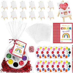Wonderjune 74 Pcs Valentine's Gift Mini Painting Set - Watercolor Paints with Valentines Cards Easel, 8 Colors Watercolor Paints for Valentine Party Favor Exchange Gifts Art Supplies