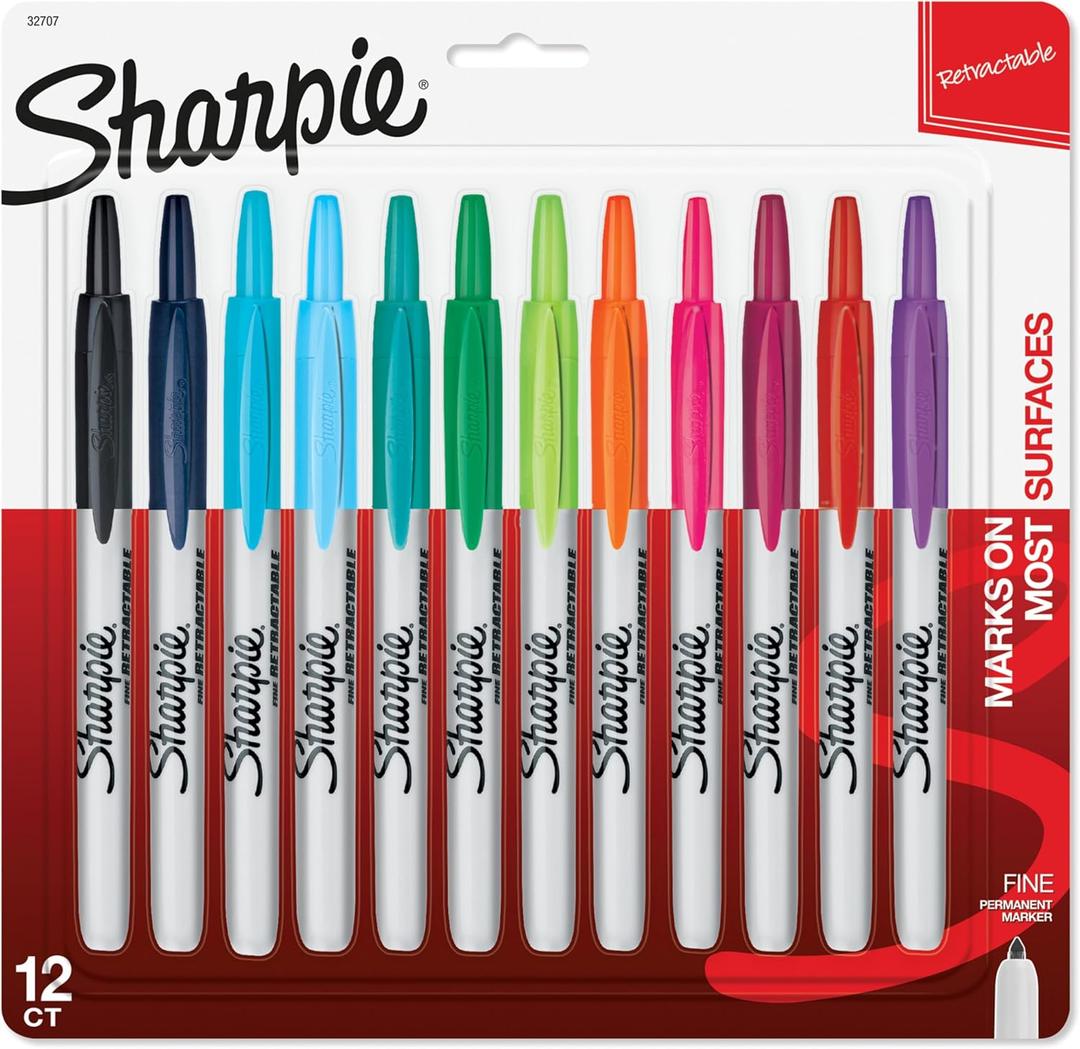 Sharpie Retractable Fine Tip Permanent Markers, Assorted Colors, 12 Count