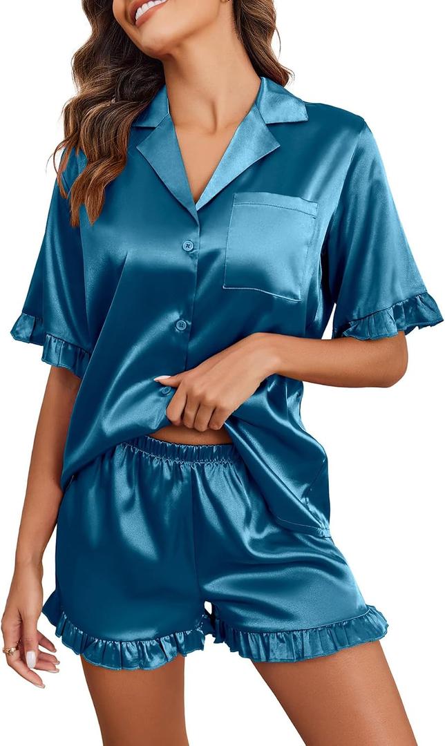Ekouaer Satin Pajama Set for Women Button Down Silk 2 Piece Pj Sets Ruffle Short Sleeve Sleepwear M