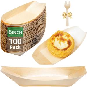 100-Pack Wooden Disposable Plates 6 IN Boat Plates Food Trays Disposable Dessert Plates Disposable Food Boats for Party Weddings Picnic (Actual Size Used: 3.39" D x 1.97" W x 0.63" H)