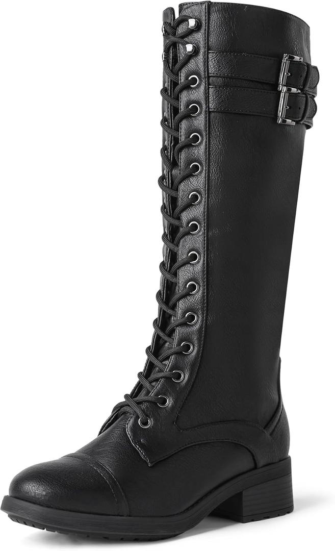 DREAM PAIRS Women's Pu Knee High Riding Combat Boots (10, Georgia-Black)