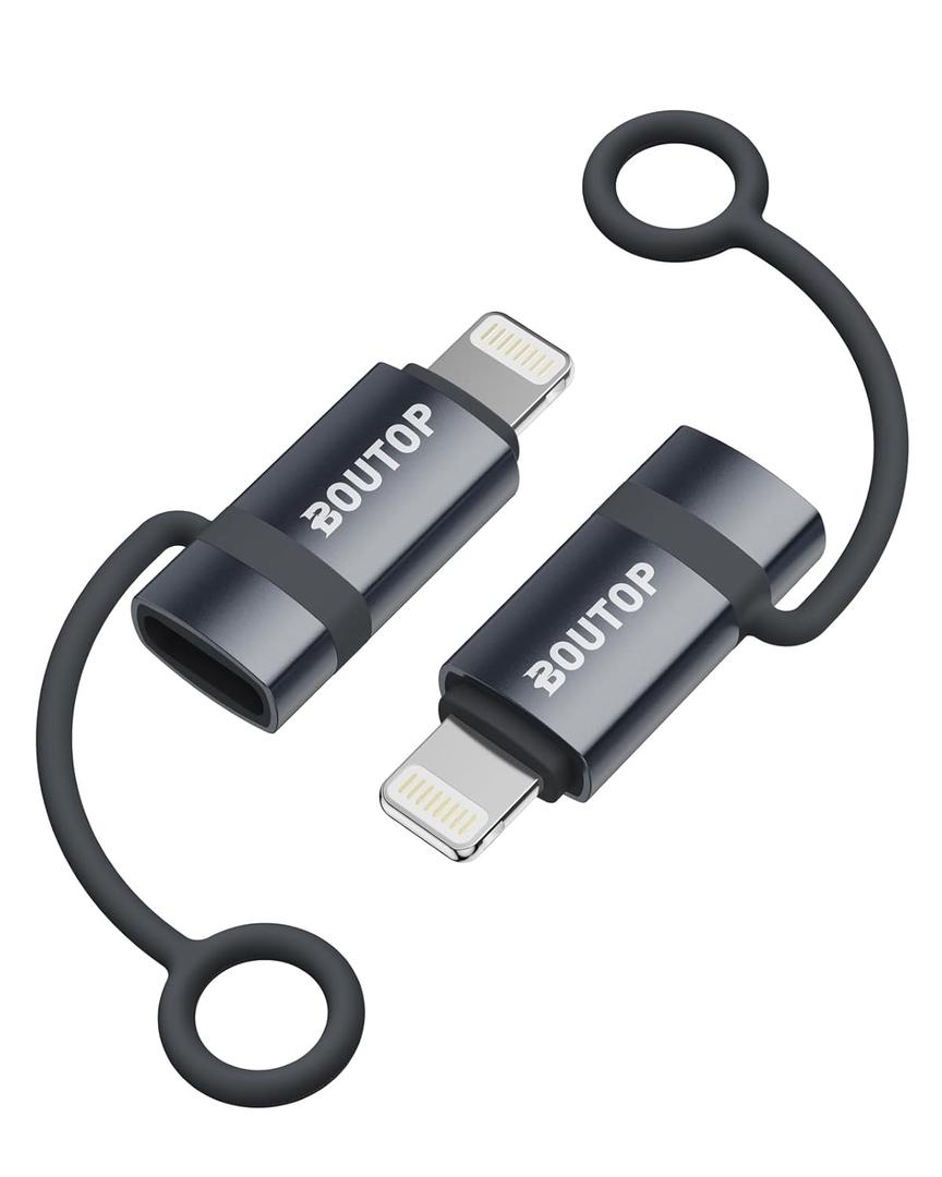 BOUTOP [MFi Certified] 36W USB C to Lightning Adapter (2 Pack) - Support PD Fast Charging/Data Sync, with Anti-Lost Silicone Holder for iPhone iPad AirPods, Reduces Cable Clutter (Dark Gray)