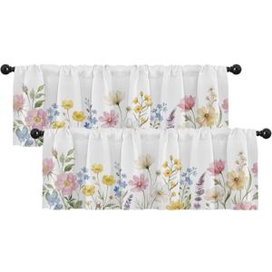 Emvency 2 Pack Valances Window Treatments, Spring Wildflower Flower Blackout Drapes Adjustable Curtain for Windows Living Room Kitchen Over Sink, 52x12 Inch Rod Pocket Valances