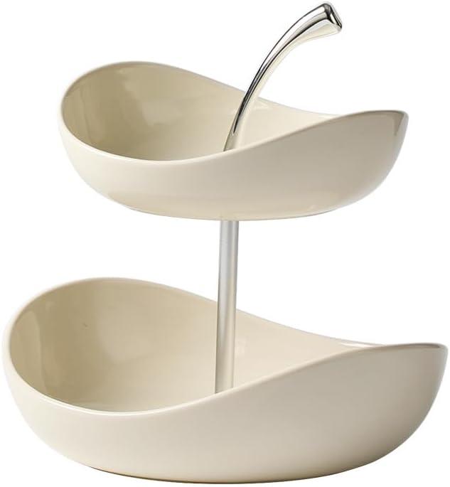 Ceramic Tiered Fruit Bowl, Cute Decorative Snack Plate for Coffee Table, Layer Dessert Tray for Kitchen Counter, Christmas Serving Fruit Display (White-Double layer)
