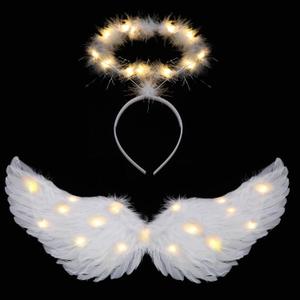 Angel Wings, Light Up Angel Wings and Halo with LED Lights, White Angel Wings Costume for Adult Women Kids Halloween Xmas (Medium, Warm Color)