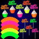 Marspark 40 Pcs Glow in the Dark Neon Cupcake Toppers Glow Party Supplies Neon Cupcake Wrappers for Birthday Party Wedding Decorations Blacklight Reactive, Small