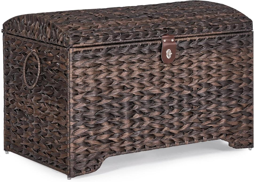 Honjourai Handwoven Storage Basket with Lid, 178L Plastic Rattan Storage Bin, Leather Buckle & Metal Frame, Large Metal Ring Handles, Storage Trunk for Bedroom, Laundry Room (Brown PE Rattan)